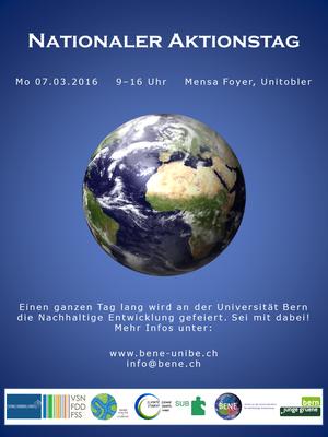 Poster for the "Nationaler Aktionstag" 2016 depictinc the planet earth in front of a blue background and containing information about location, time and date